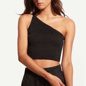 Faithfull The Brand Le Manoa One Shoulder Smocked Linen Top Black Sz. 4 (Small)